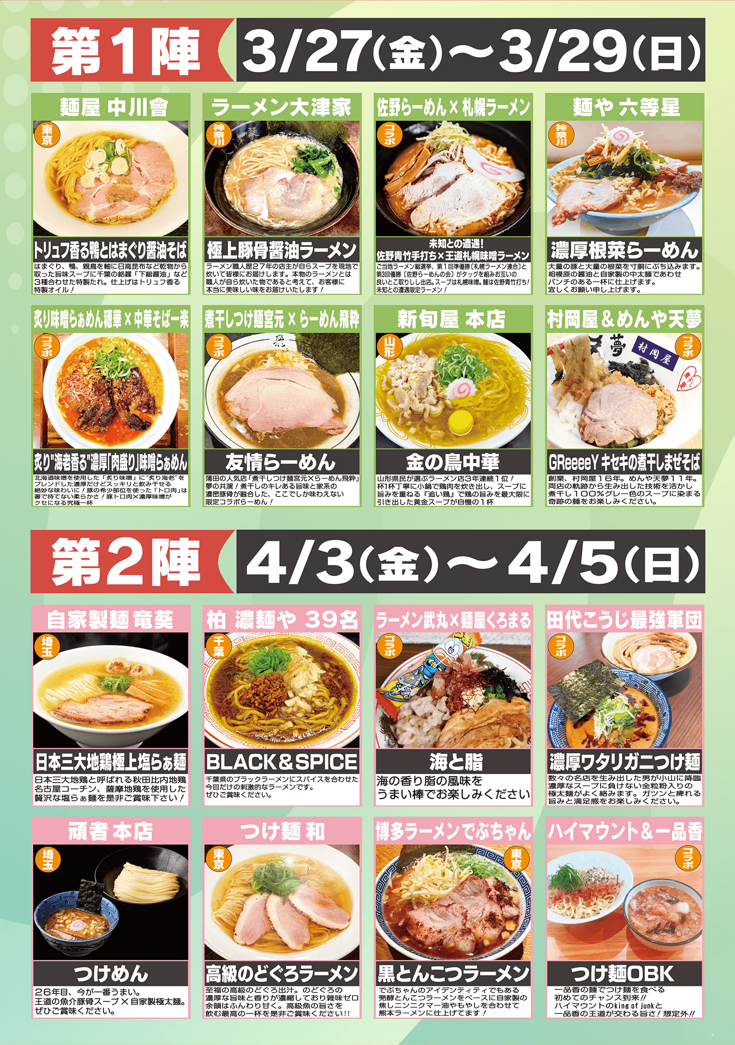 最強ラーメン祭　第１弾　3/27（金）〜3/29（日）　第２弾　4/3（金）〜4/5（日）